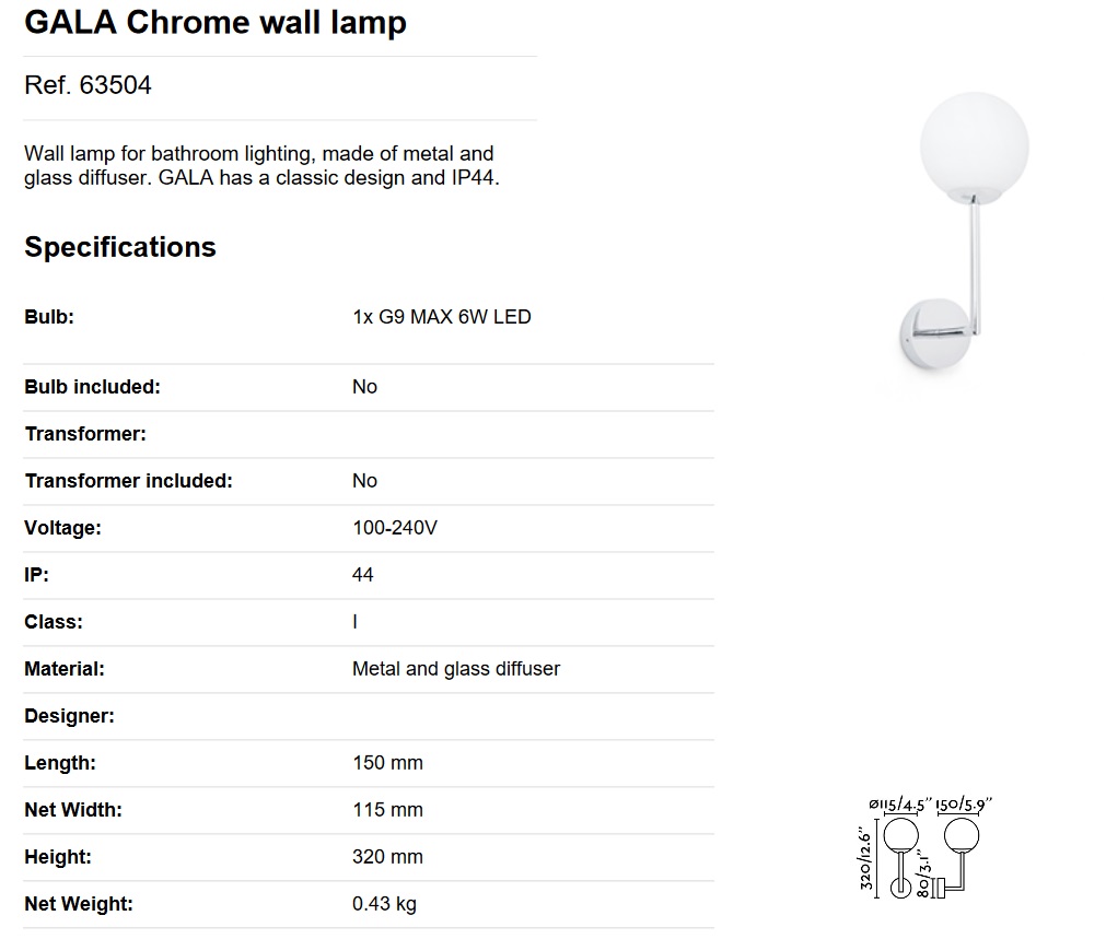 Aplica de perete baie cu protectie IP44 GALA Chrome 63504 1
