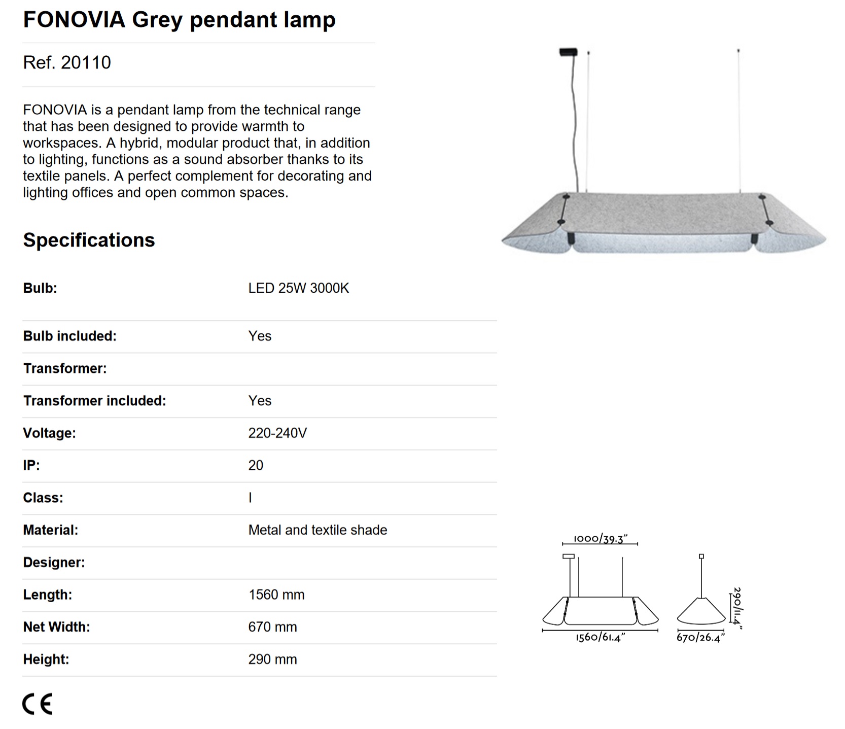 Lustra LED suspendata design modern FONOVIA gri 25W 3000K 3